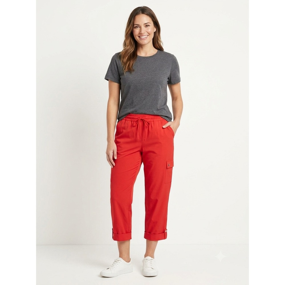Chico's Zenergy Cargo Capri Pants Womens US Size 10 Red Stretch Drawstring Waist